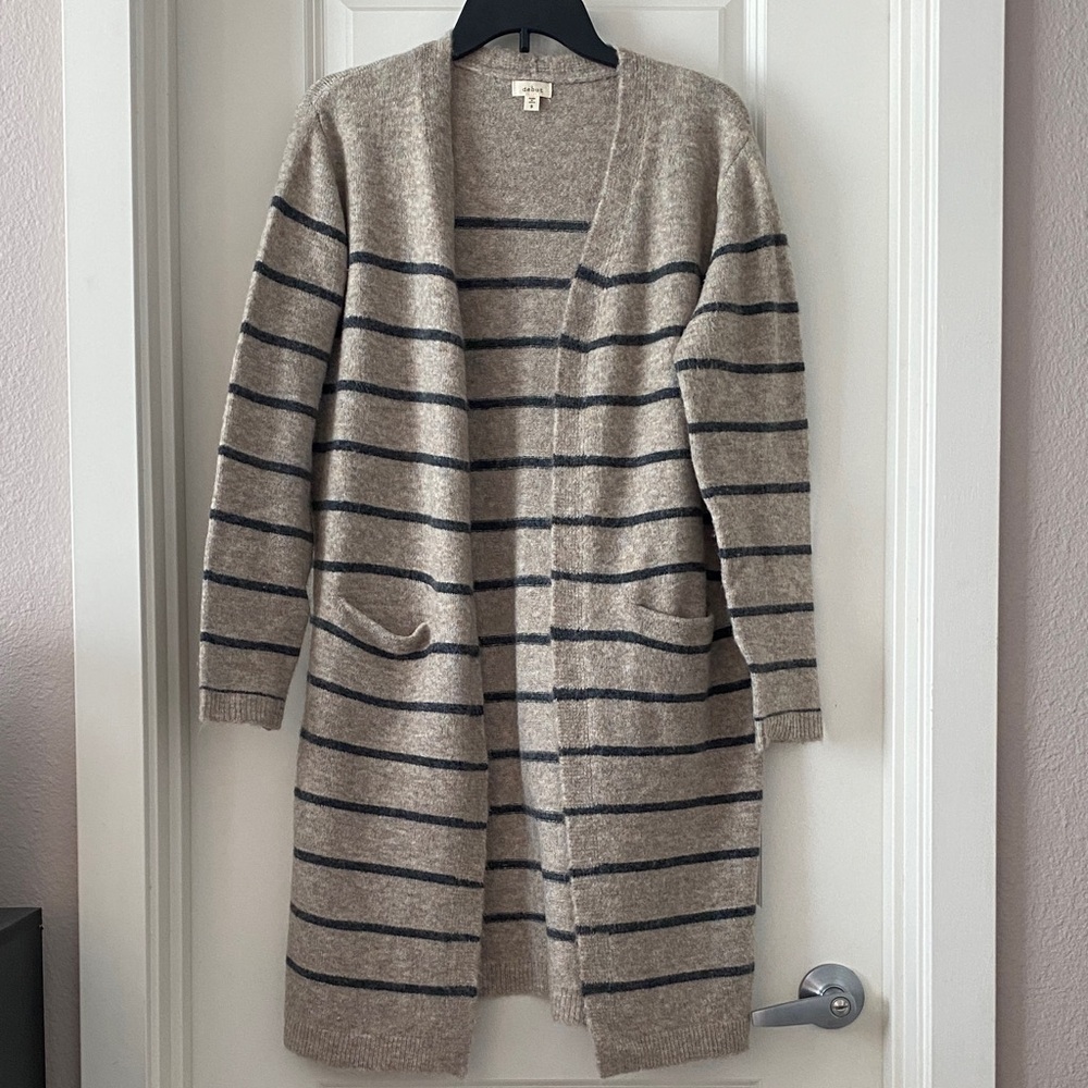 debut Beige Long Open-Front Striped Cardigan with Navy Stripes